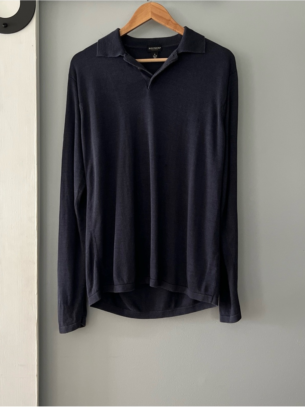 Reunion Men’s 100% Silk Navy Long Sleeve Polo Shirt Lightweight Minimalistic